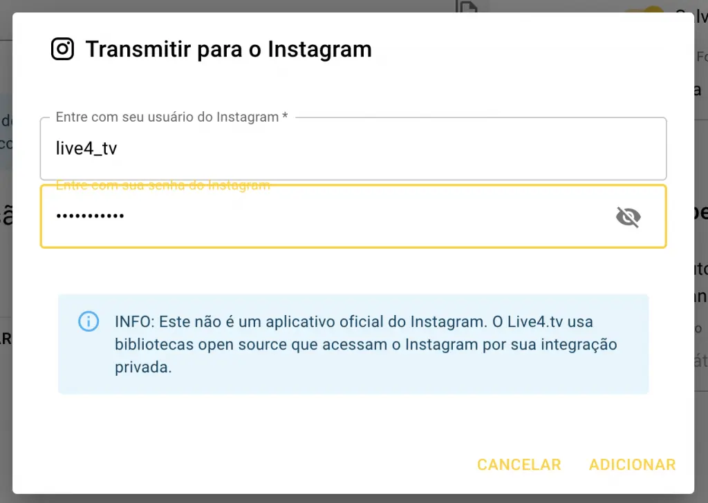 Tela de login do Instagram no aplicativo do Live4.tv